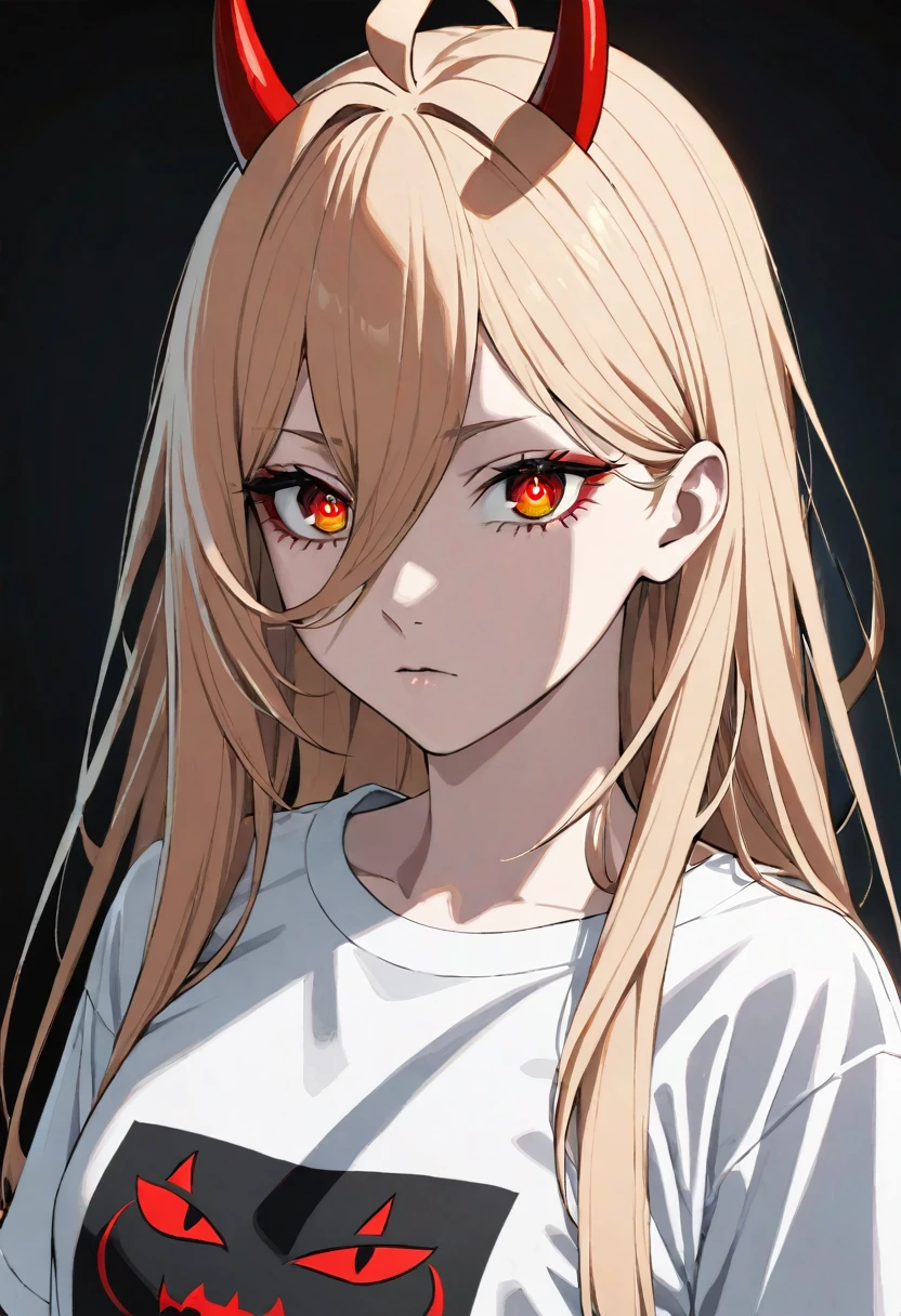 1girl, p0w3r0x1, long hair, blonde hair, red horns,demon pupils, 1girl, solo, ahoge, expressionless, long hair, masterpiece, best quality, upper body, wearing t shirt, Tshirt, modeling,