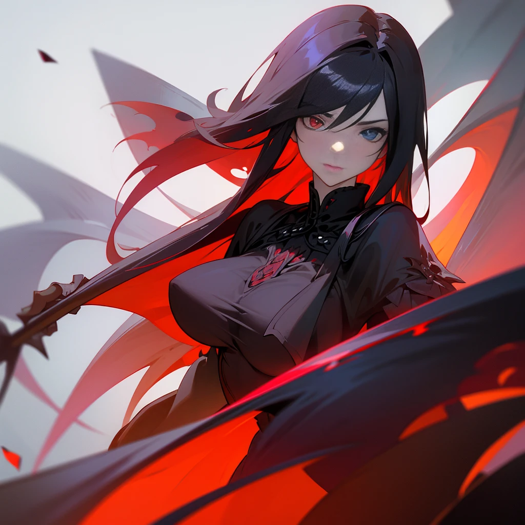 Elegant woman with cool red-purple heterochromia eyes, wearing a red dress, long black hair (top quality, 8k, high, masterpiece), highly detailed facial features, intricate details, natural lighting, warm color, soft focus, digital painting, fantasy art, silhouette, red light, eerie atmosphere, foggy, Scythe, weapon, red aura, black particles, big breasts.