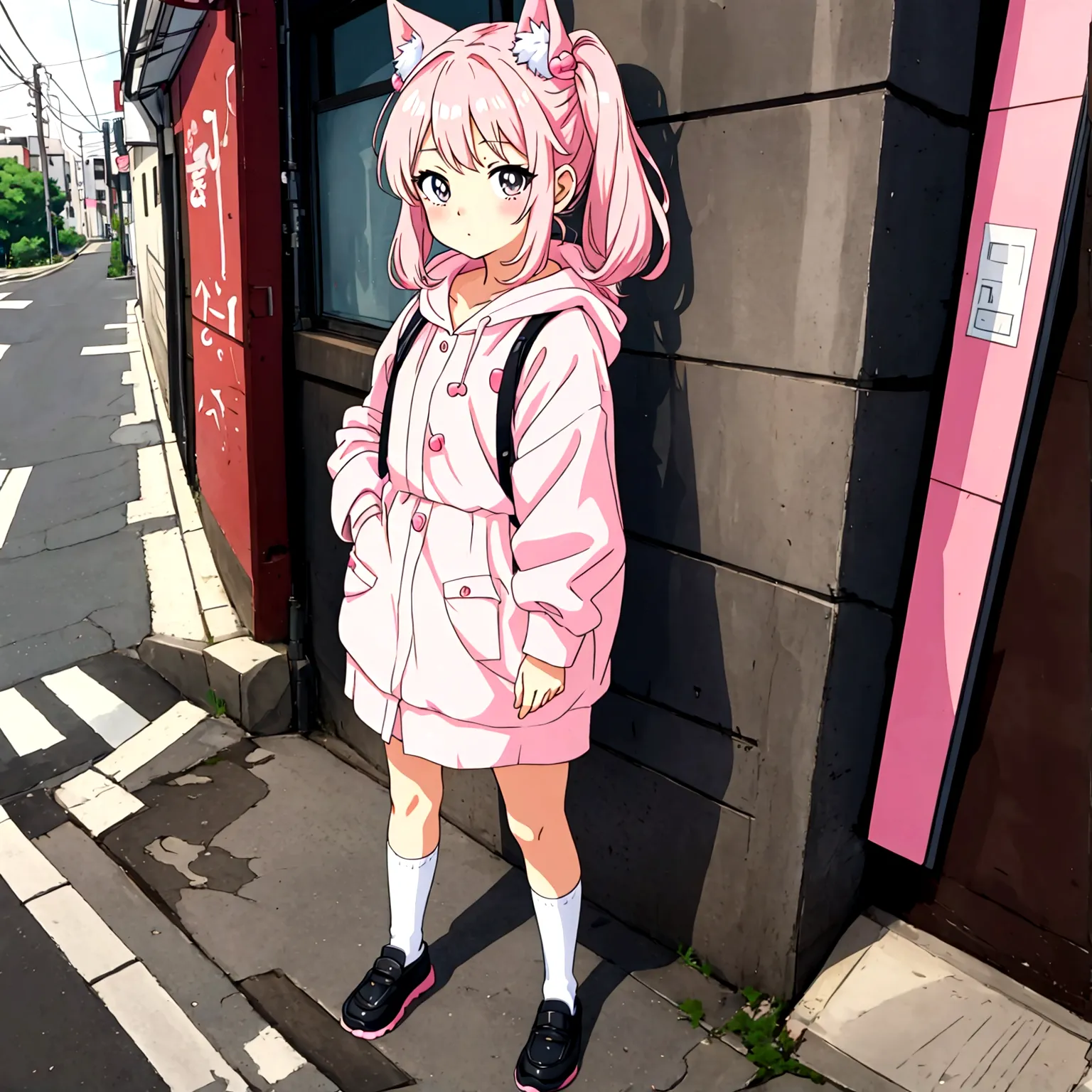 kawaii anime girl standing on a off street in kawaii anime