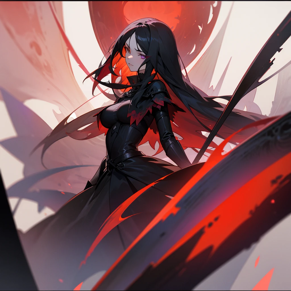 Elegant woman with cool red-purple heterochromia eyes, wearing a red dress, long black hair (top quality, 8k, high, masterpiece), highly detailed facial features, intricate details, natural lighting, warm color, soft focus, digital painting, fantasy art, silhouette, red light, eerie atmosphere, foggy, Scythe, weapon, red aura, black particles, big breasts.