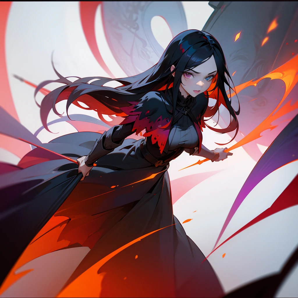 Elegant woman with cool red-purple heterochromia eyes, wearing a red dress, long black hair (top quality, 8k, high, masterpiece), highly detailed facial features, intricate details, natural lighting, warm color, soft focus, digital painting, fantasy art, silhouette, red light, eerie atmosphere, foggy, Scythe, weapon, red aura, black particles, big breasts.