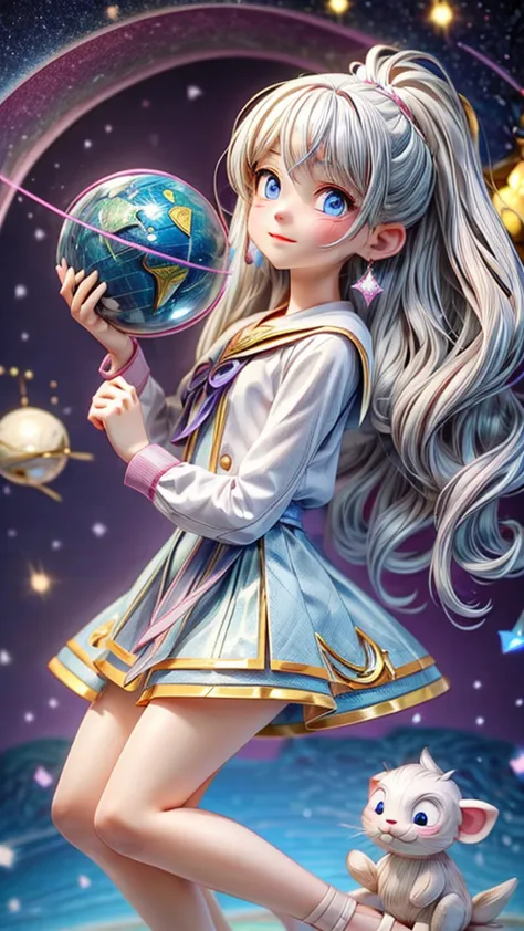 young astrologer girl、divining the customer、crystal jade、astrology chart、silver hair、blue eyes、celestial globe、