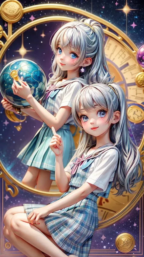 young astrologer girl、divining the customer、crystal jade、astrology chart、silver hair、blue eyes、celestial globe、