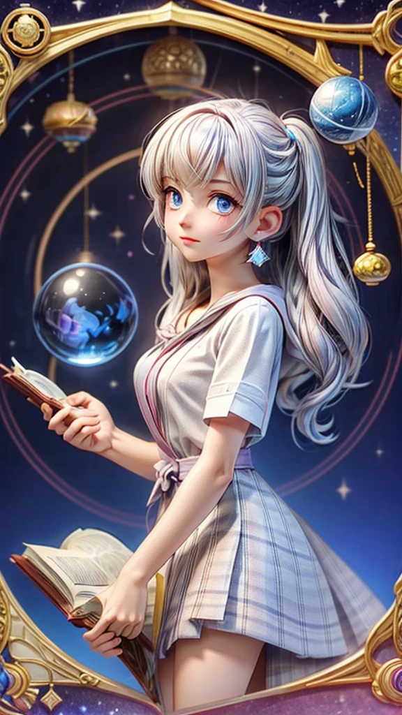 a young female astrologist, reading fortune, crystal ball, astrological chart, silver hair, blue eyes, celestial sphere