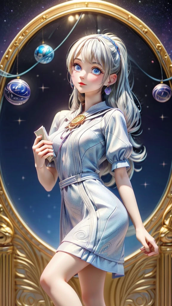 a young female astrologist, reading fortune, crystal ball, astrological chart, silver hair, blue eyes, celestial sphere, beautiful detailed eyes, beautiful detailed lips, extremely detailed eyes and face, long eyelashes, elegant dress, intricate celestial patterns, glowing orb, cosmic energy, vibrant colors, dramatic lighting, fantasy, mystical, cinematic, digital art, octane render, photorealistic, 8k, best quality, masterpiece:1.2, ultra-detailed, realistic:1.37