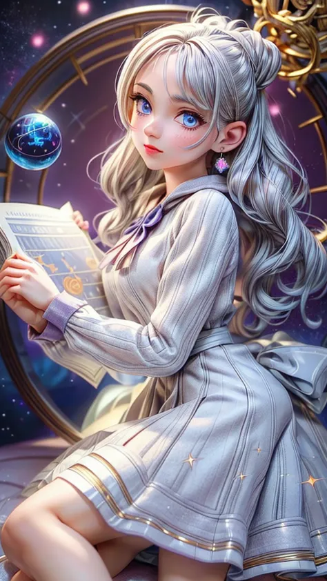 a young female astrologist, reading fortune, crystal ball, astrological chart, silver hair, blue eyes, celestial sphere, beautif...