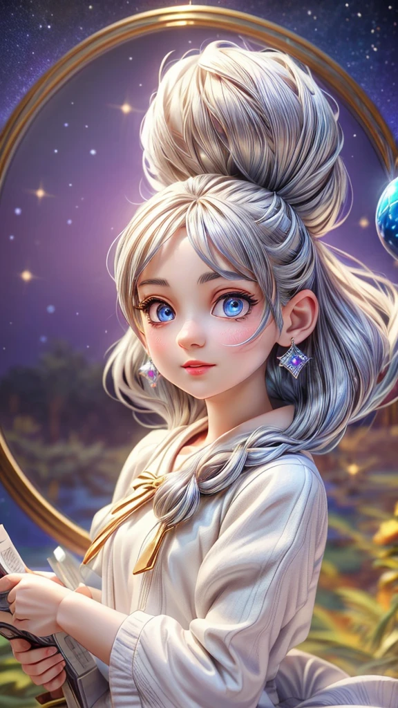 a young female astrologist, reading fortune, crystal ball, astrological chart, silver hair, blue eyes, celestial sphere, beautiful detailed eyes, beautiful detailed lips, extremely detailed eyes and face, long eyelashes, elegant dress, intricate celestial patterns, glowing orb, cosmic energy, vibrant colors, dramatic lighting, fantasy, mystical, cinematic, digital art, octane render, photorealistic, 8k, best quality, masterpiece:1.2, ultra-detailed, realistic:1.37