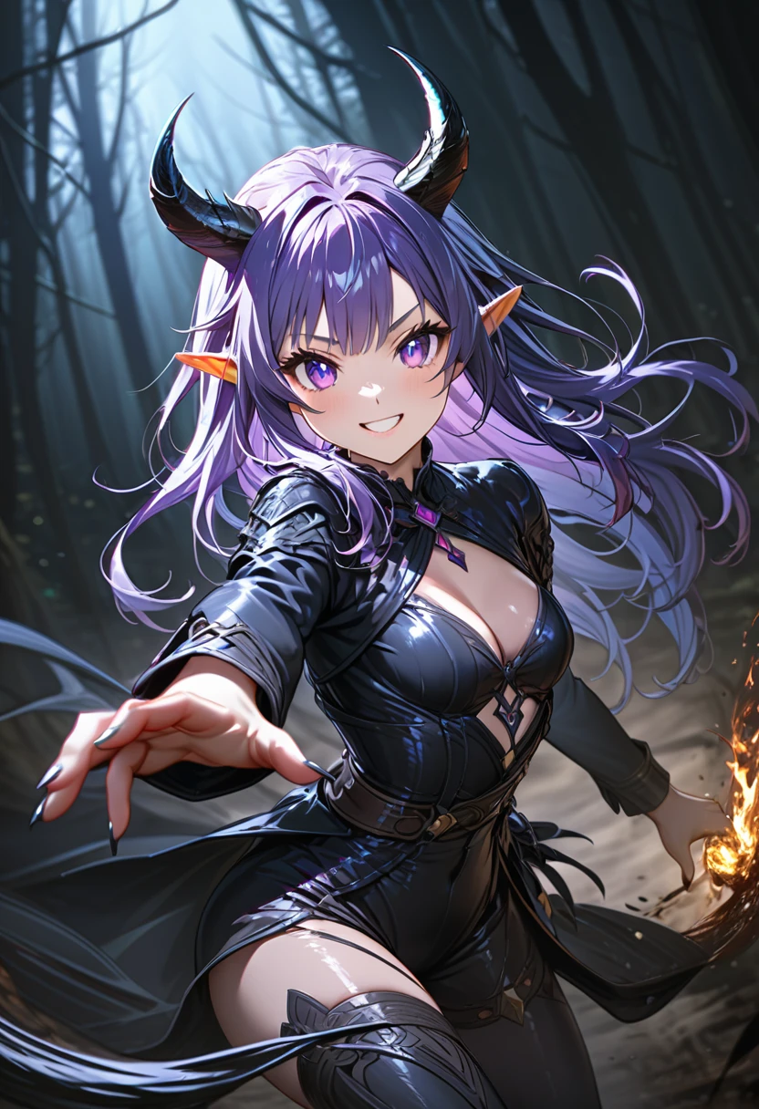 masterpiece, Highest quality, Very detailed, High resolution, An expensive solution, High resolution, masterpiece, depth, Fine texture, Highest quality, Total concentration, (very pretty anime Elf Girl), (Beautiful Gothic Elf Woman, Young Elves, Elf Girl, pretty girl, Young girl),Has horns on its headがある, Grin, smile, (A chic dress with beautiful details, Fluffy long sleeves, ), Purple eyes, Long eyelashes, Low angle shot、eyeliner, Tight waist, ( Purple Hair), (Light Hair, Long Hair), bangs, Gradient Hair), Shiny Hair,  Forest as a background, Fantasy art, High quality detailed art, A fusion of realism and colorful fantasy, Gothic art style, Fantasy art style, a beautiful fantasy Young Elves, CGI anime Fantasy artwork, charm,  Seductive posture, Vibrant colors, 自信に満ちたsmile, gentle smile, Beautiful attention to detail, Beautiful lip detail, Very detailed目と顔, Long eyelashes, Vibrant colors, Professional, Very detailedな, Intricate details, Volumetric lighting, Lens flare, particle,(White and platinum color scheme), mysterious, mysteriousな.Has horns on its head