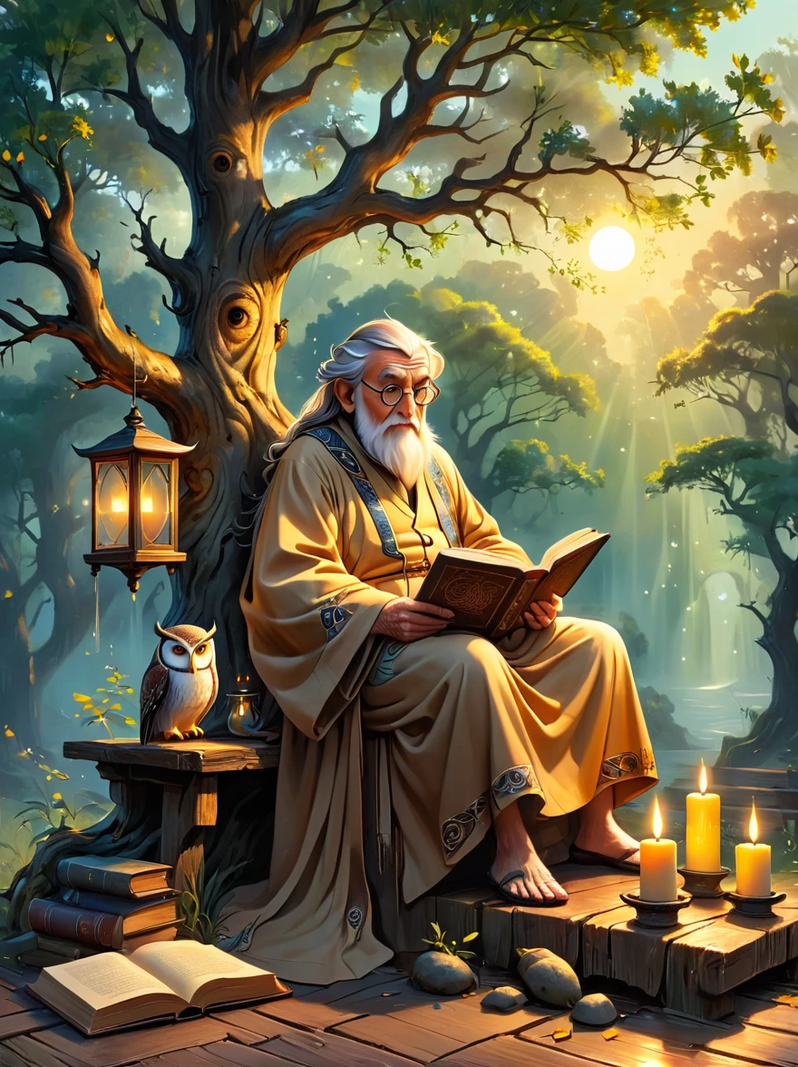 Create an image that personifies the abstract concept of wisdom. Depict an old oak tree with deep roots and a wide canopy, representing the depth and breadth of knowledge. Nearby, on a rustic wooden bench sits an elderly Caucasian man, adorned in a robe, peacefully reading an ancient leather-bound book. Sprinkled around are symbols of wisdom like an owl sitting on a tattooed branch and a group of glowing candles casting soft shadows. The setting sun in the background symbolizes the passage of time an important aspect of gaining wisdom.