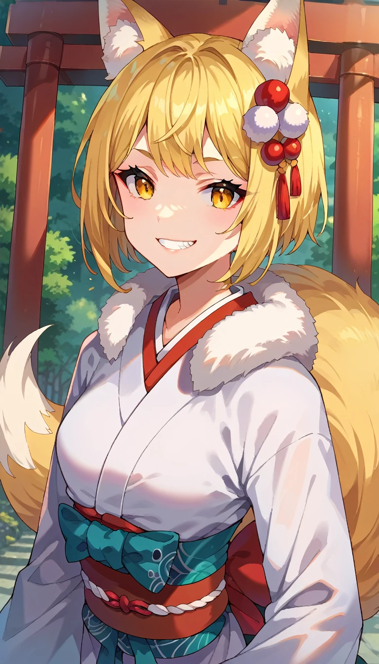 score_9, score_8_en haut, score_7_en haut, score_6_en haut, score_5_en haut, score_4_en haut, source d&#39;anime, 1fille, queue, oreilles d&#39;animaux, cheveux blond, fox queue, oreilles de renard, seulement, bordure en fourrure, les yeux jaunes, frange, brillant hair, kimono, ornement de cheveux, brillant, cheveux multicolores, manches longues, Cheveux courts, dents, lèvres entrouvertes, manches larges, sourire, en hautper body, torii