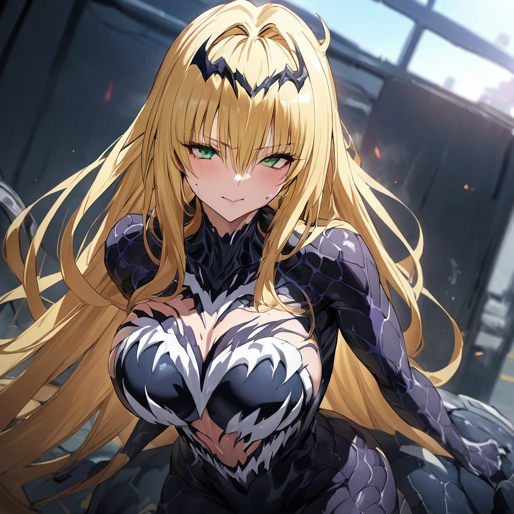 ((Highest quality)), ((masterpiece)), (detailed), （Perfect Face）、The female Venom is Tiare, a green-eyed, blonde, medium-long-haired female Venom, whose body has been completely transformed into Venom and who is wearing a Venom suit.
