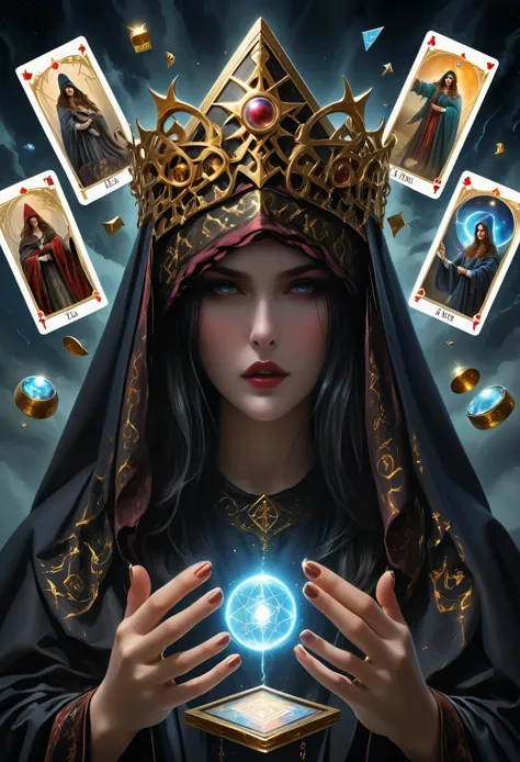 fortune teller，metal photo frame，card，tarot cards：1.37.mysterious fortune teller in cloak，finger taps an array of tarot cards in...