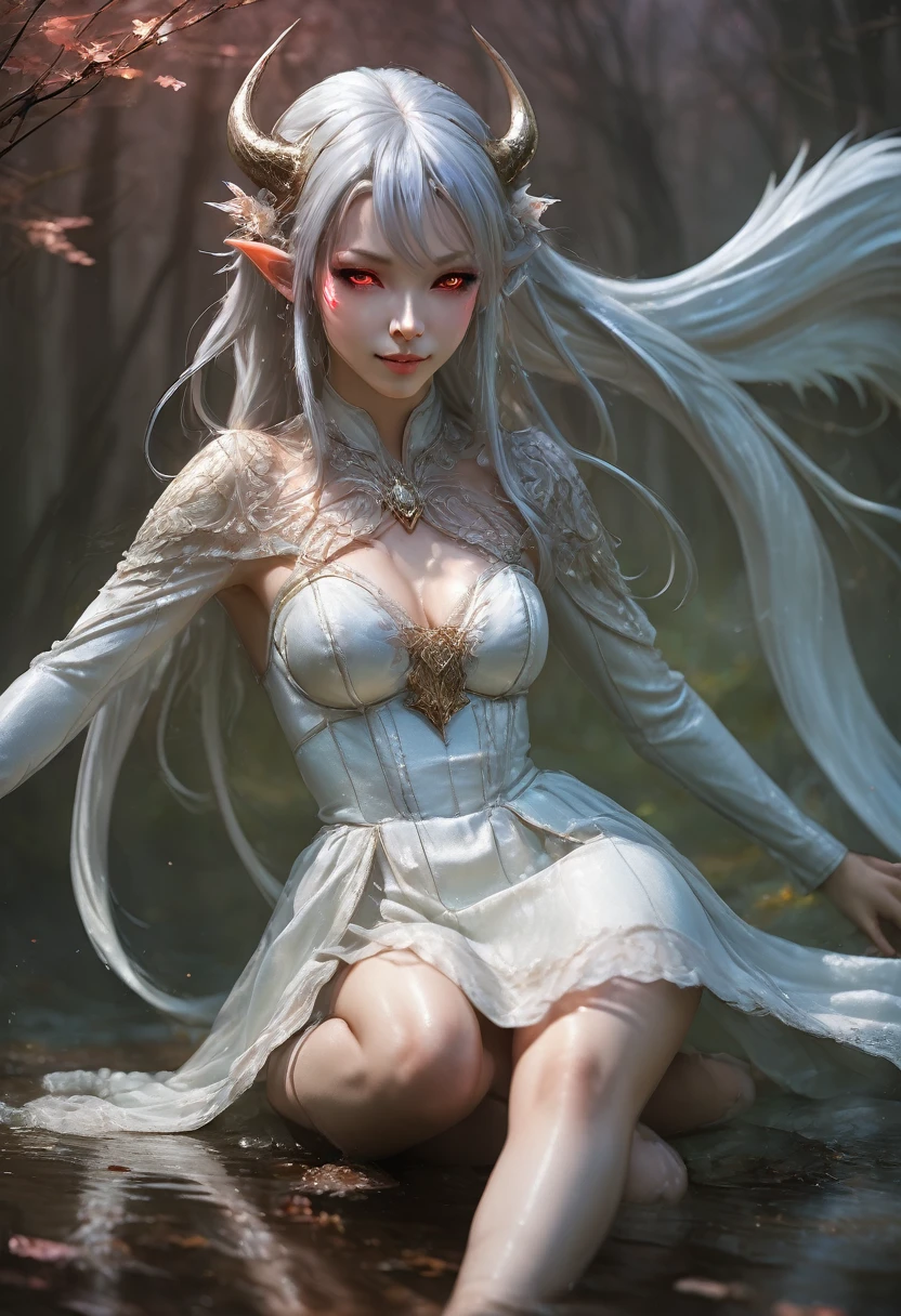 masterpiece, Highest quality, Very detailed, High resolution, An expensive solution, High resolution, masterpiece, depth, Fine texture, Highest quality, Total concentration, (very pretty anime Elf Girl), (Beautiful Gothic Elf Woman, Young Elves, Elf Girl, pretty girl, Young girl),Has horns on its headがある, Grin, smile, (A chic dress with beautiful details, Fluffy long sleeves, ), Red Eyes, Long eyelashes, Low angle shot、eyeliner, Tight waist, ( Dark green hair), (Light Hair, Long Hair), bangs, Gradient Hair), Shiny Hair,  Forest as a background, Fantasy art, High quality detailed art, A fusion of realism and colorful fantasy, Gothic art style, Fantasy art style, a beautiful fantasy Young Elves, CGI anime Fantasy artwork, charm,  Seductive posture, Vibrant colors, 自信に満ちたsmile, gentle smile, Beautiful attention to detail, Beautiful lip detail, Very detailed目と顔, Long eyelashes, Vibrant colors, Professional, Very detailedな, Intricate details, Volumetric lighting, Lens flare, particle,(White and platinum color scheme), mysterious, mysteriousな.Has horns on its head