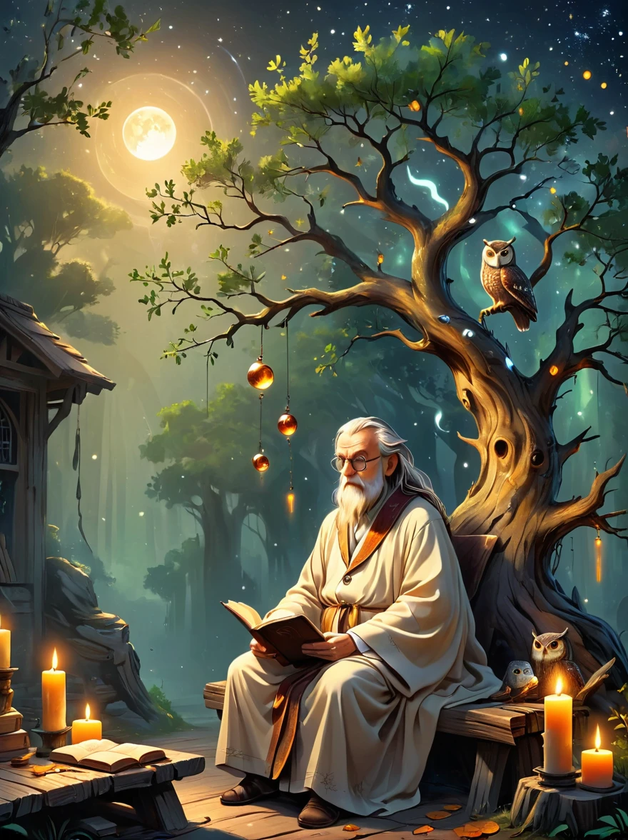 Create an image of an old astrologer，Personifying the abstract concept of wisdom，Depicting an old oak tree with deep roots and leaves，Represents the depth and breadth of knowledge，An old Caucasian astrologer in a robe is sitting on a rustic wooden bench next to him，Perform divination actions quietly，An old leather-bound book of horoscopes，Symbols of wisdom are scattered around，Such as an owl sitting on a tattoo branch and a group of glowing candles，Cast soft shadows，The setting sun in the background symbolizes the passage of time，This is an important aspect of gaining wisdom.