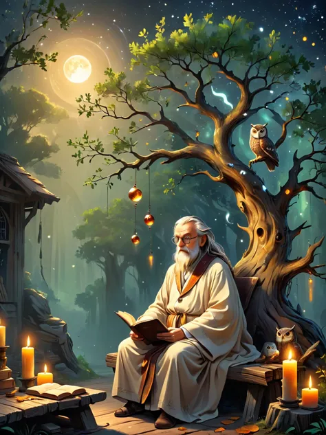 Create an image of an old astrologer，Personifying the abstract concept of wisdom，Depicting an old oak tree with deep roots and l...