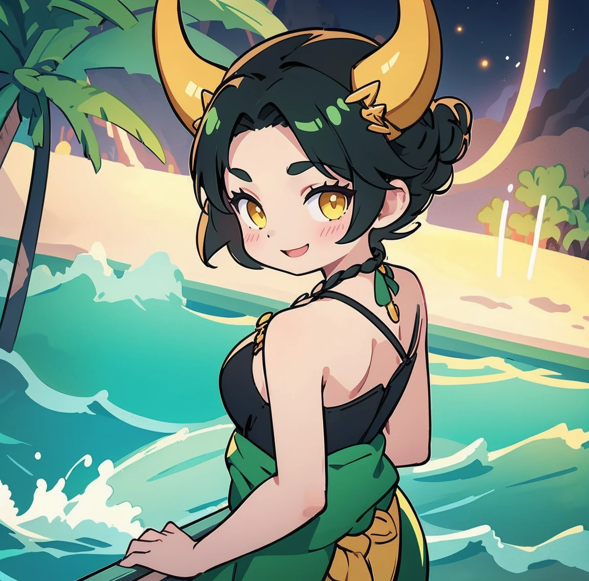 One woman、Gorgeous green swimsuit、,race,Black Hair、Short bun hair、hair ornaments、necklace、back、Golden devil horns、Anatomically correct,、Night beach、smile、Night Pool