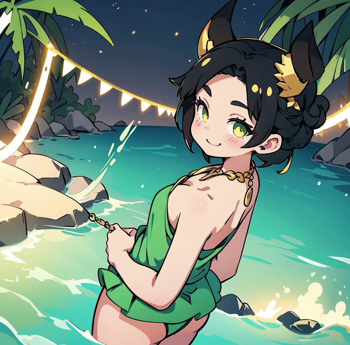 One woman、Gorgeous green swimsuit、,race,Black Hair、Short bun hair、hair ornaments、necklace、back、Golden devil horns、Anatomically correct,、Night beach、smile、Night Pool