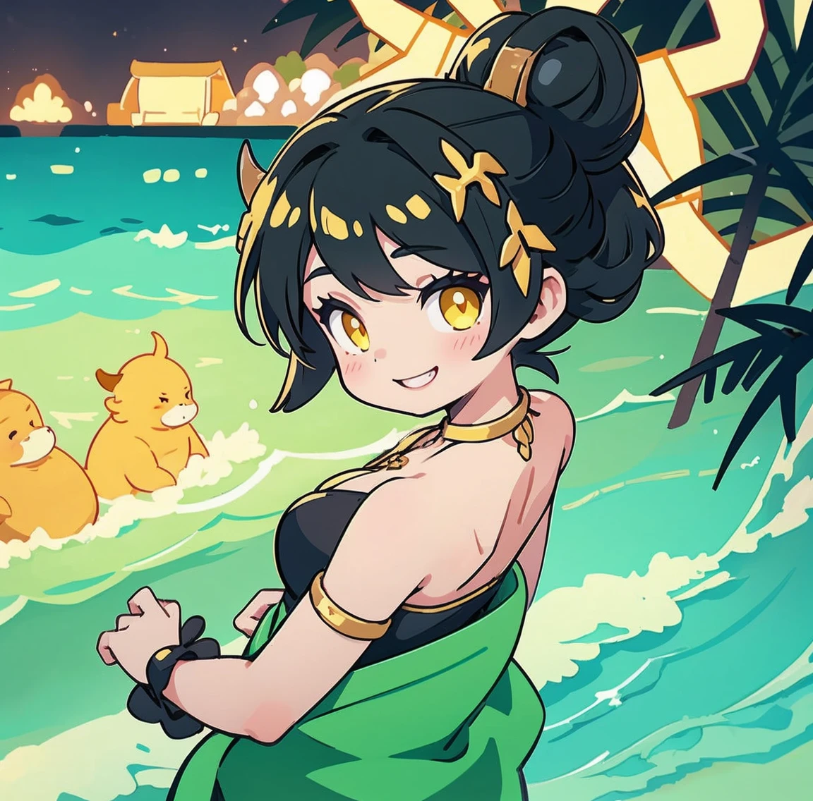 One woman、Gorgeous green swimsuit、,race,Black Hair、Short bun hair、hair ornaments、necklace、back、Golden devil horns、Anatomically correct,、Night beach、smile、Night Pool