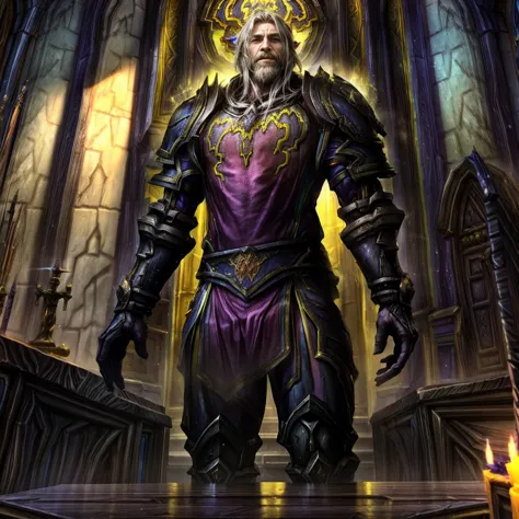 draego, a medieval knight in shining armor, standing in front of an altar in a large cathedral, dramatic backdrop, high contrast...