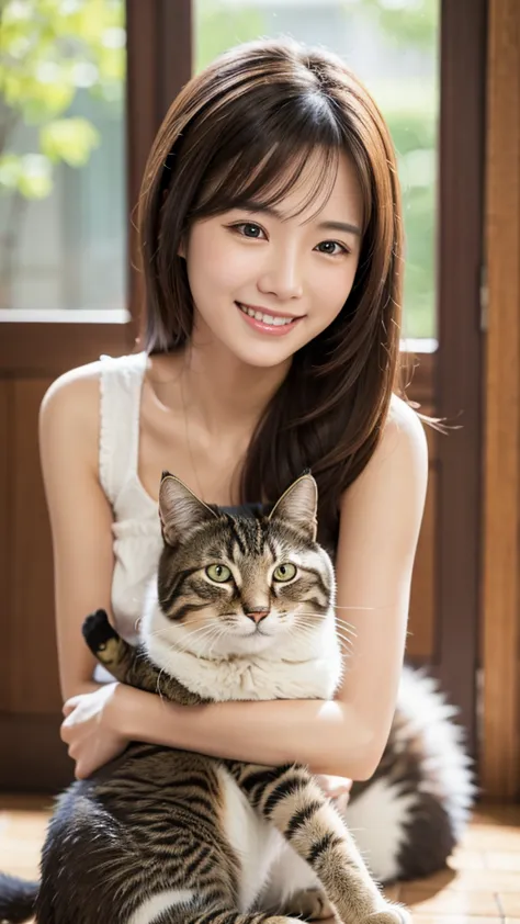 high resolution、Very beautiful woman、nice smile、Clear photos、Realistic photos、Stroking the cat's head