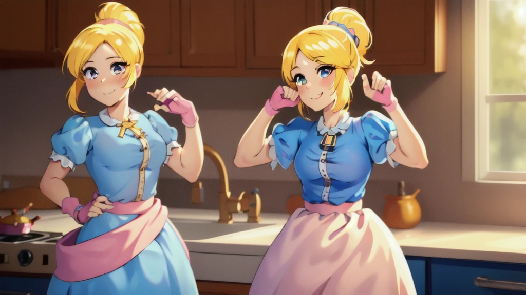 (masterpiece, best quality:1.2), cowboy shot, solo, 1girl, piper, smile, looking at viewer, (hand on own cheek:1.2), blonde hair, ponytail, blue dress, puffy short sleeves, fingerless gloves, kitchen