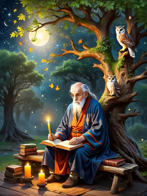 Astrologer Old Man，Personifying the abstract concept of wisdom，Depicting an old oak tree with deep roots and leaves，Represents t...