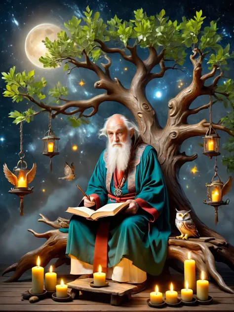 astrologer old man，personifying the abstract concept of wisdom，depicting an old oak tree with deep roots and leaves，represents t...