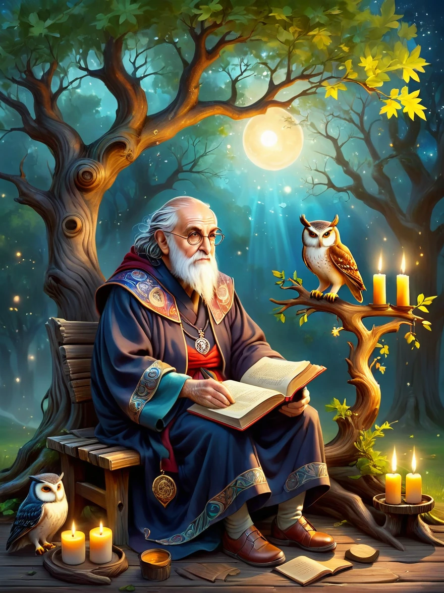 Astrologer Old Man，Personifying the abstract concept of wisdom，Depicting an old oak tree with deep roots and leaves，Represents the depth and breadth of knowledge，An old Caucasian astrologer in a robe is sitting on a rustic wooden bench next to him，Perform divination actions quietly，An old leather-bound book of horoscopes，Symbols of wisdom are scattered around，Such as an owl sitting on a tattoo branch and a group of glowing candles，Cast soft shadows，The setting sun in the background symbolizes the passage of time，This is an important aspect of gaining wisdom.