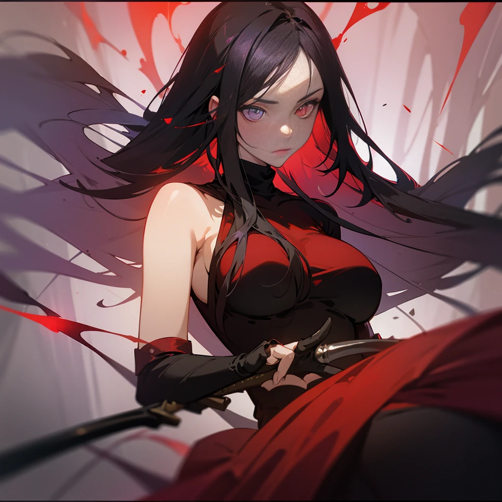 Adult female with cool red-purple heterochromia eyes, beautiful woman, perfect face,  wearing a red dress, long black hair (top quality, 8k, high, masterpiece), highly detailed facial features, intricate details, natural lighting, warm color, soft focus, digital painting, fantasy art, silhouette, red light, eerie atmosphere, foggy, Scythe, weapon, red aura, black particles, big breasts.