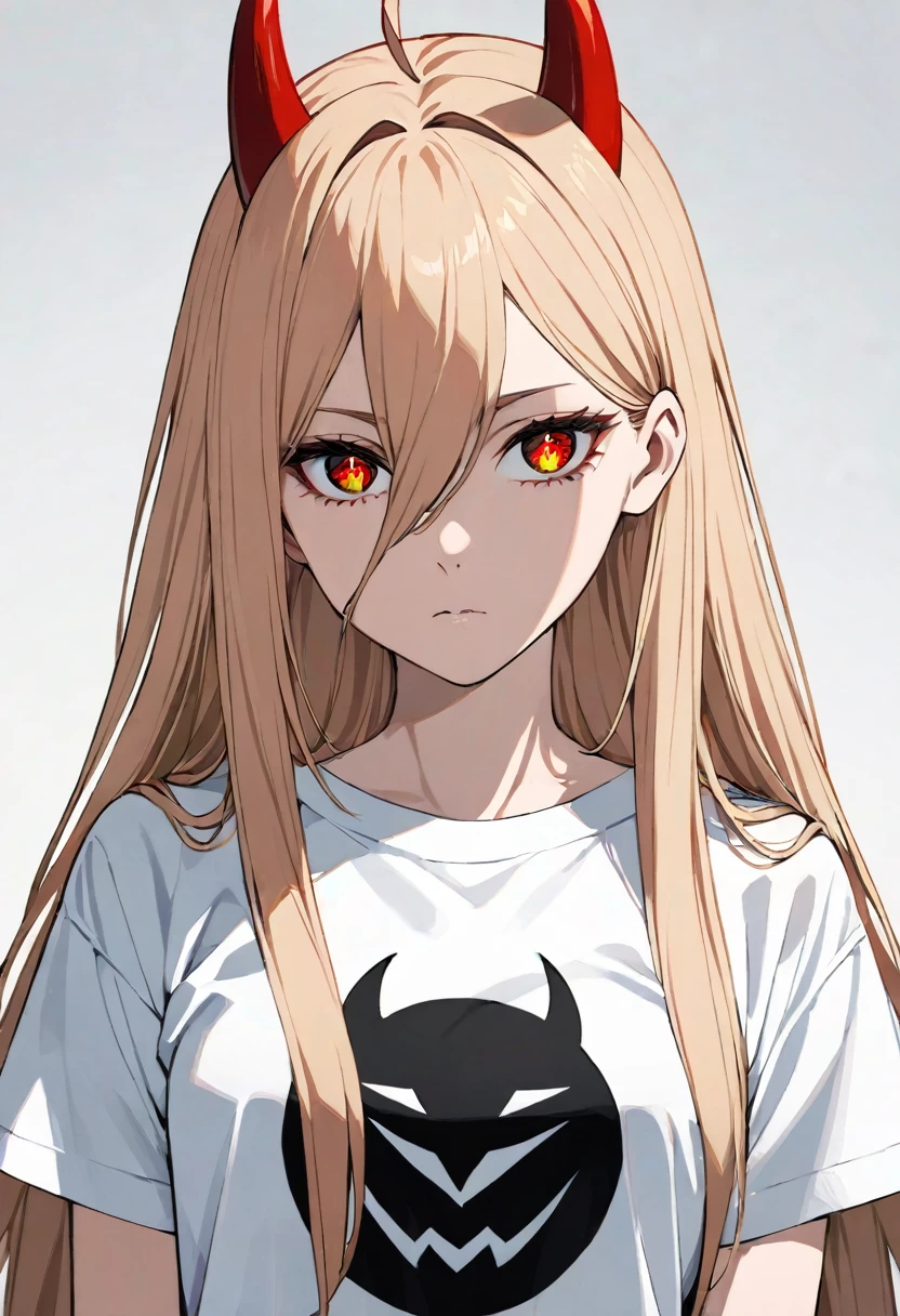 1girl, p0w3r0x1, long hair, blonde hair, red horns,demon pupils, 1girl, solo, ahoge, expressionless, long hair, masterpiece, best quality, upper body, wearing t shirt, Tshirt, modeling, full upper body