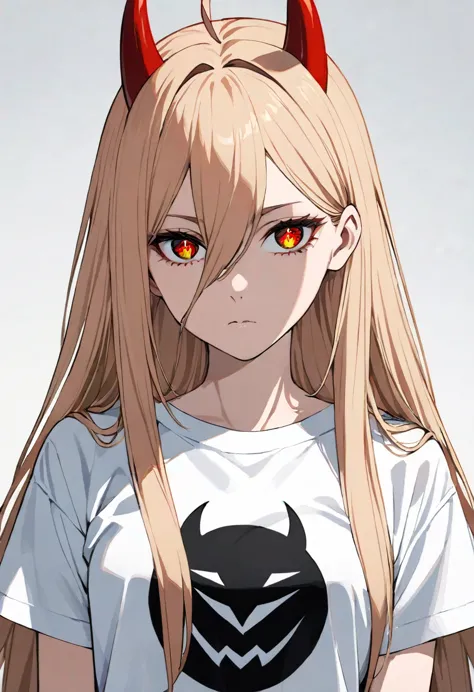 1girl, p0w3r0x1, long hair, blonde hair, red horns,demon pupils, 1girl, solo, ahoge, expressionless, long hair, masterpiece, bes...