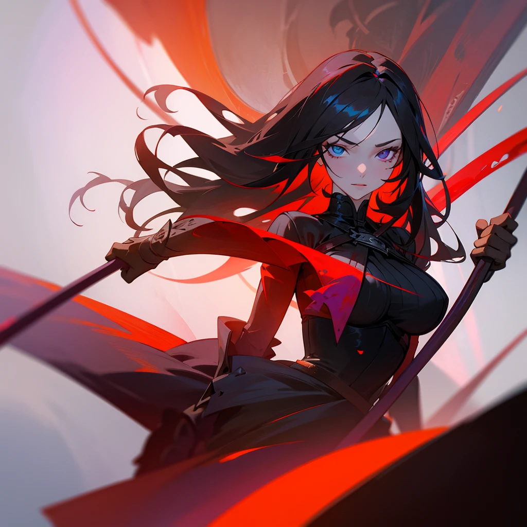 Adult female with cool red-purple heterochromia eyes, beautiful woman, perfect face,  wearing a red dress, long black hair (top quality, 8k, high, masterpiece), highly detailed facial features, intricate details, natural lighting, warm color, soft focus, digital painting, fantasy art, silhouette, red light, eerie atmosphere, foggy, Scythe, weapon, red aura, black particles, big breasts.