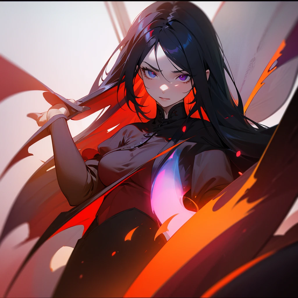 Adult female with cool red-purple heterochromia eyes, beautiful woman, perfect face,  wearing a red dress, long black hair (top quality, 8k, high, masterpiece), highly detailed facial features, intricate details, natural lighting, warm color, soft focus, digital painting, fantasy art, silhouette, red light, eerie atmosphere, foggy, Scythe, weapon, red aura, black particles, big breasts.