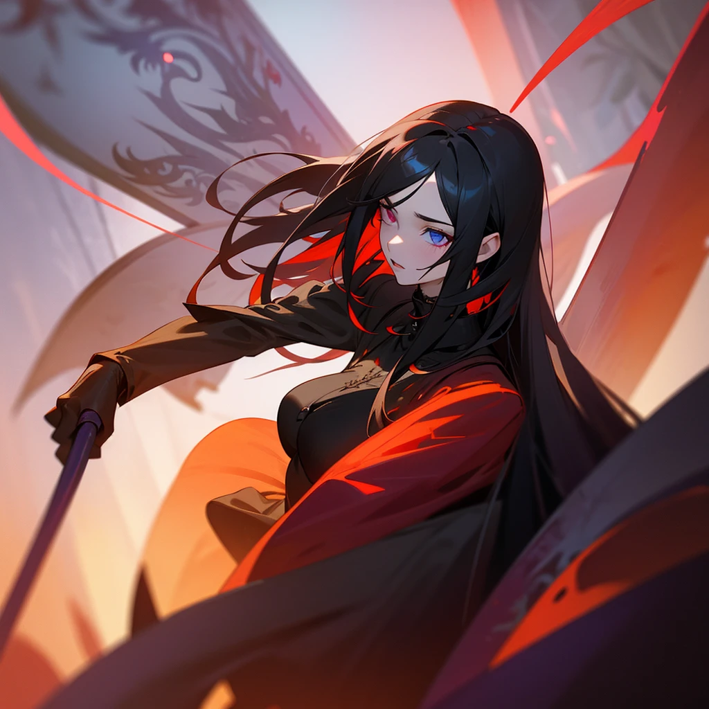 Adult female with cool red-purple heterochromia eyes, beautiful woman, perfect face,  wearing a red dress, long black hair (top quality, 8k, high, masterpiece), highly detailed facial features, intricate details, natural lighting, warm color, soft focus, digital painting, fantasy art, silhouette, red light, eerie atmosphere, foggy, Scythe, weapon, red aura, black particles, big breasts.