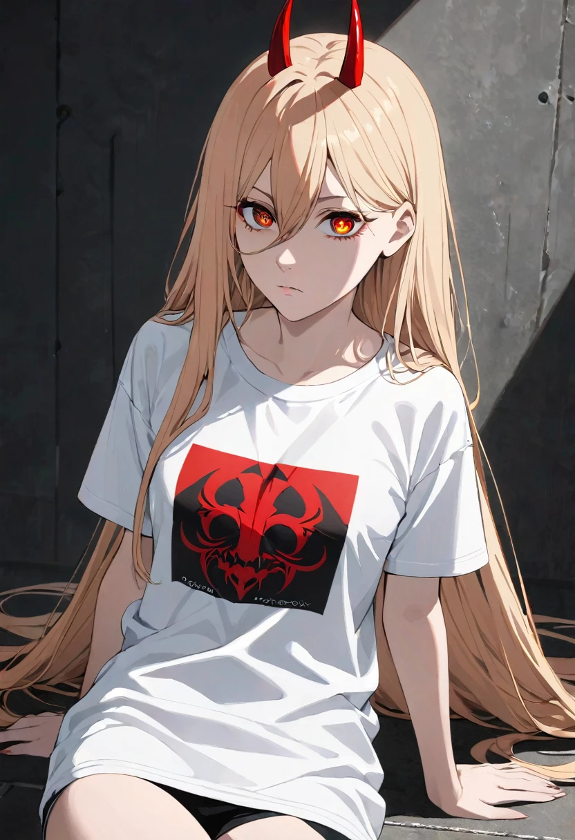 1girl, p0w3r0x1, long hair, blonde hair, red horns,demon pupils, 1girl, solo, ahoge, expressionless, long hair, masterpiece, best quality, upper body, wearing t shirt, Tshirt, modeling, above the knee,