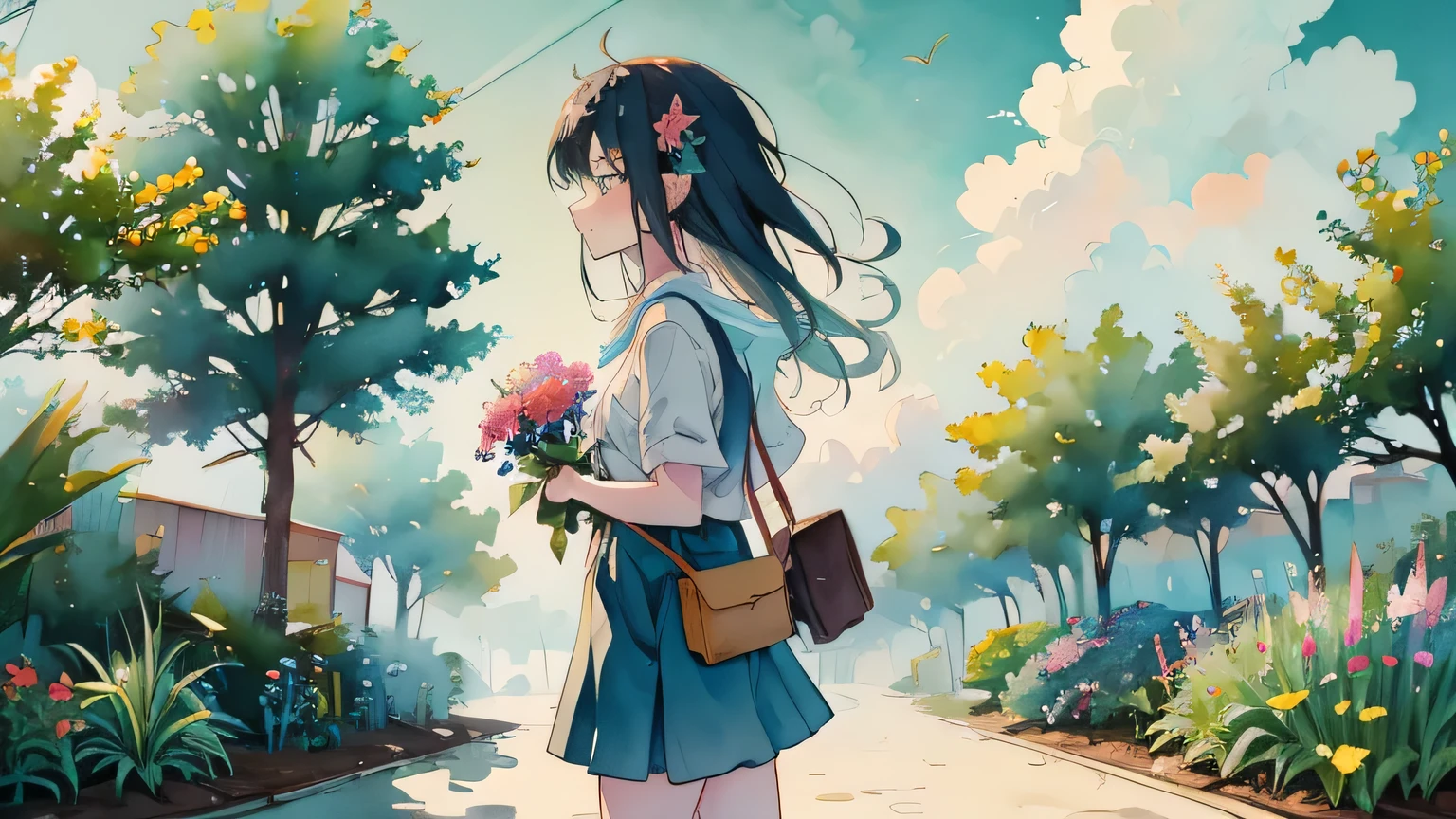 a cute anime girl with a hobo style, holding flowers in a garden with flowers and plants, she is a gardener, the sky is in the morning and with a lot of clouds