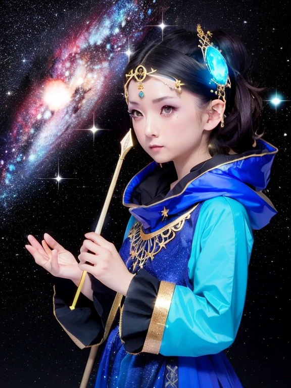 1 Girl, solo, (astrologer), (Circlet),Blue Costume, Cane, magic,
mysterious, Fantasy, grace, Calm, Silence, intellectual, ancient, Beyond time and space, dream, aura,
Dark eyeshadow, Star shaped glitter, Sparkling Highlights, Rich Lip Color, Smokey Eye, mysteriousなアイライナー, 
universe space, shooting star, planet,
astrologerがmagicのCaneを使って星を指し示している,
Sparkling meteor shower, magicの光, Reflecting Galaxy