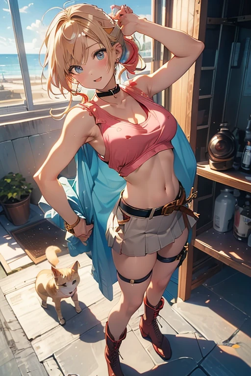 (masterpiece:1.2), (Military uniform magazine cover:1.4),best quality,PIXIV,Sweet girl , sexy posture,1girl, (perky chest:1.2), rolling upskirt by wind:1.6, (with sparkling eyes and a contagious smile),open mouth, (pointed chest:1.2),fishnets, black hair, boots, long hair, black nails, skirt, shirt, black footwear, bag, black skirt, jewelry, jacket,  thigh strap, bangs, necktie, earrings, nail polish, multicolored hair, looking at viewer, full body, bottle, own hands together, belt, jacket on shoulders, food, cats on head, ring, choker, english text, collared shirt, blue eyes, hat, lace-up boots ,masterpiece、highest quality、Very detailed、An illustration、Beautiful fine details、One Girl、cute、Detailed landscape、Training Room Background:1.4、Platinum Blonde Hair、Braided Ponytail、Red camisole、((c cup breasts, Tank top showing underboob:1.4))
