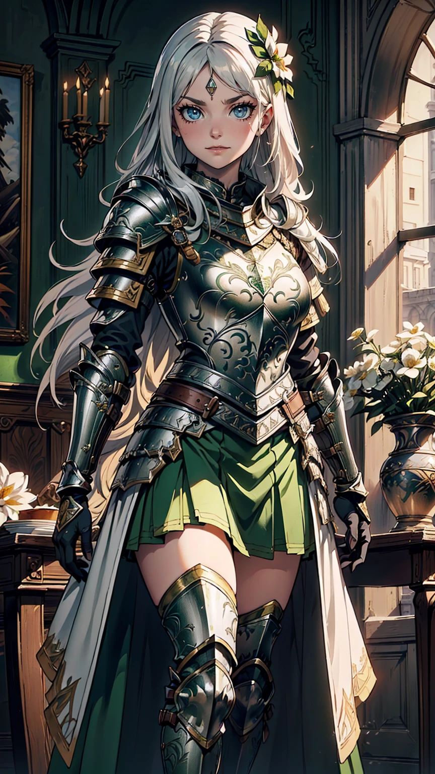 最high quality、Ultra High Definition, Ultra High Quality, Hyper Definition, Hyper Quality, Hyper Detailed, Extremely Detailed, Perfectly Detailed, Best image quality、masterpiece、anime woman((20-year-old、super dynamic pose , Green solid eyes, Silver long Hair、Disheveled Hair、Long White Hair,  Glove、Green Skirt, Noble Armor, Smirk, cheerful expression, Detailed Cuirass , White Flower Barrette, Dressed in Full Coverage Noble Plate Armor, leg armor)),high quality、Beautiful art、background((Inside the mansion))、Written boundary depth、  movie、Visual Arts、Perfect art、8K,Genuine、