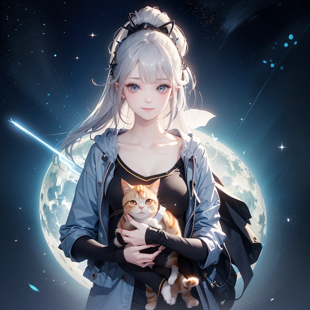 (((Holding a cute orange fat cat with super short legs in both hands，Correct anatomy)))，((Highest quality，masterpiece，A mature beauty，Super thin air parted bangs，Light blue denim gray hooded jacket，Blue gray high ponytail super long straight hair，Double sideburn curly hair，Hair ends curled in，Gray powder clothes，Exposed clavicle，Show all ears))，((Mature，Smile slightly，Look at the camera head-on))，starry sky galaxy background，Matte denim texture