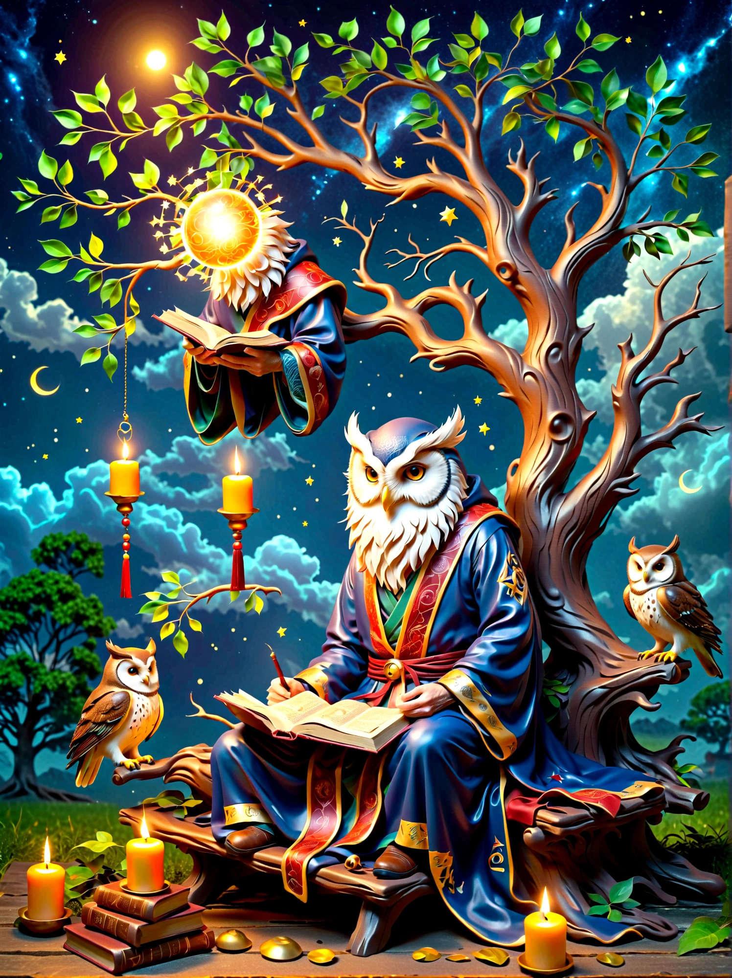 Astrologer Old Man，Personifying the abstract concept of wisdom，Depicting an old oak tree with deep roots and leaves，Represents the depth and breadth of knowledge，An old Caucasian astrologer in a robe is sitting on a rustic wooden bench next to him，Perform divination actions quietly，An old leather-bound book of horoscopes，Symbols of wisdom are scattered around，Such as an owl sitting on a tattoo branch and a group of glowing candles，Cast soft shadows，The setting sun in the background symbolizes the passage of time，This is an important aspect of gaining wisdom.