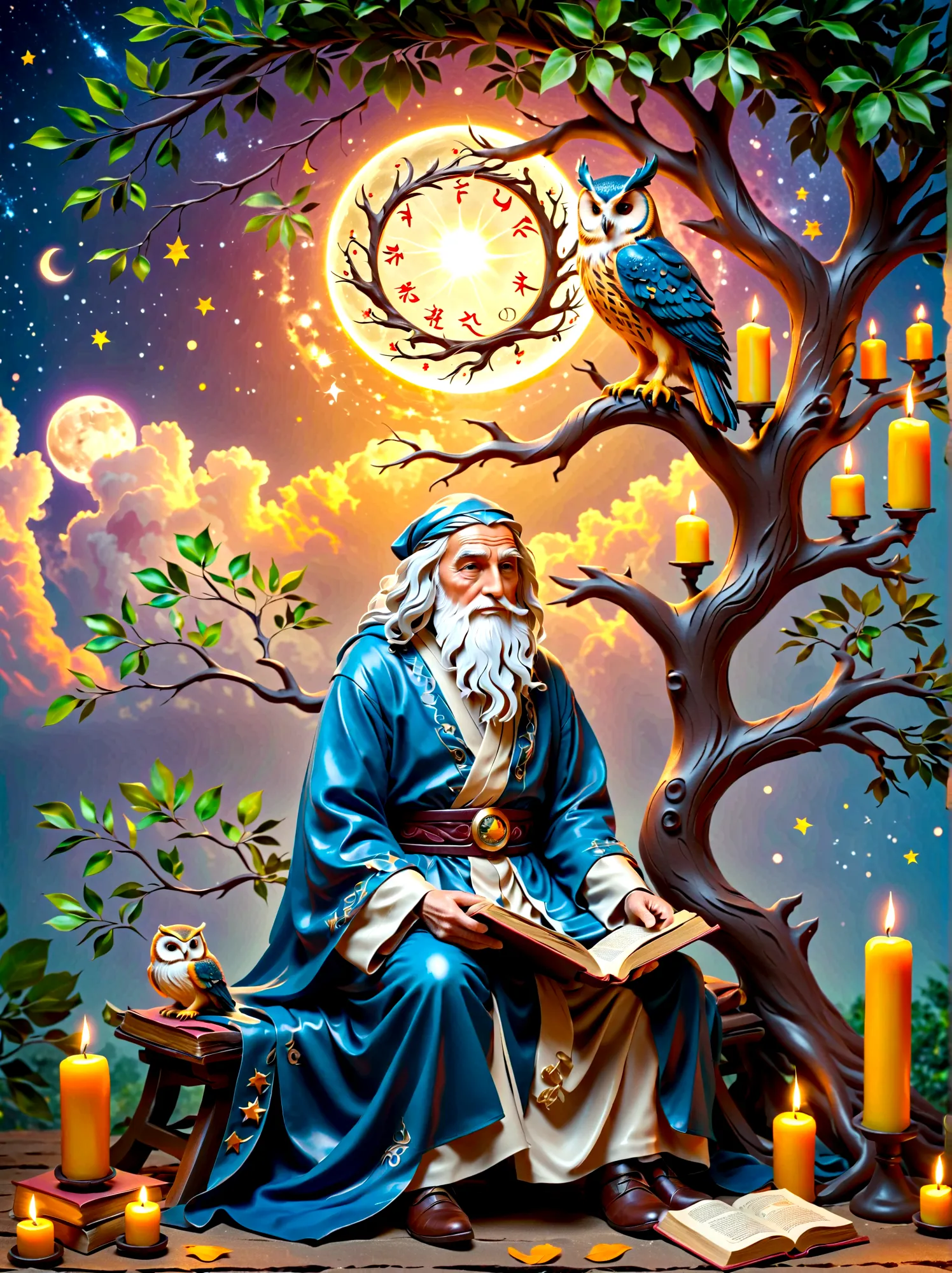 Astrologer Old Man，Personifying the abstract concept of wisdom，Depicting an old oak tree with deep roots and leaves，Represents t...