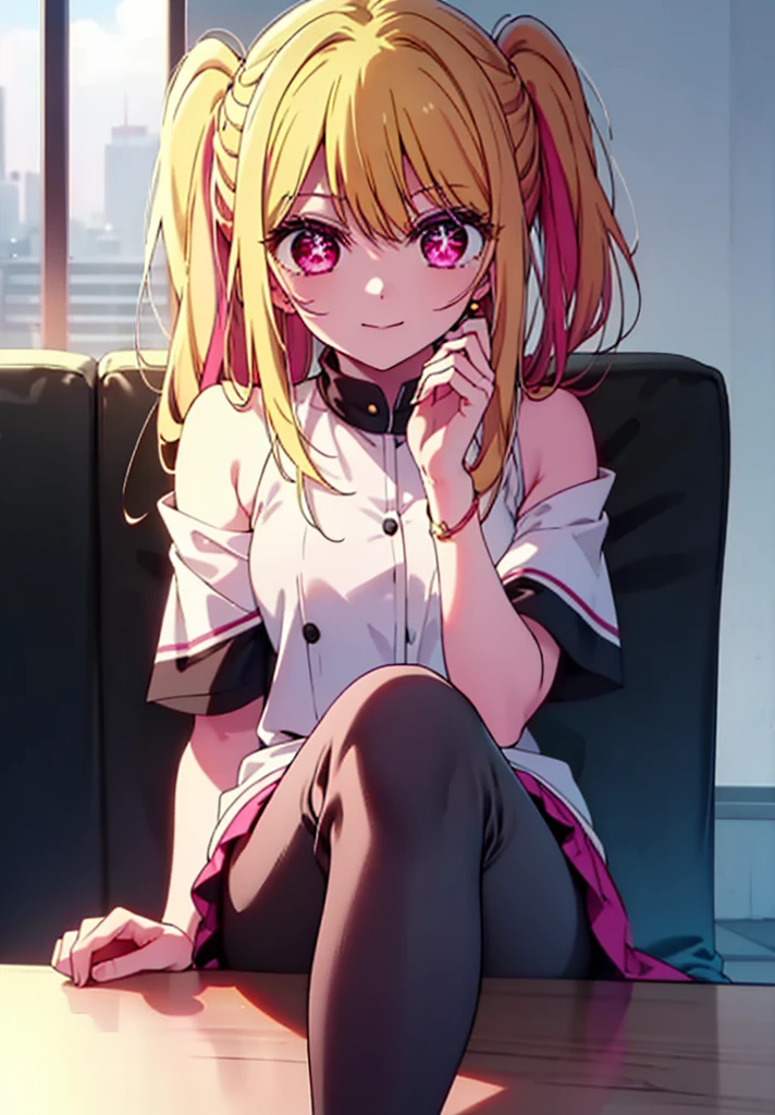 rubyhoshino, Hoshino Ruby, Long Hair, bangs, Blonde, (Pink Eyes:1.3), (Symbol-shaped pupil:1.5), Multicolored Hair, Two-tone hair, happy smile, smile, Close your mouth,
break, Cold Shoulder Shirt,Short sleeve,Long skirt,Black pantyhose,Stiletto heels,There is a computer on the table,sitting cross-legged on a chair,Are standing,interior,whole bodyがイラストに入るように,Daytime,Clear skies,
break indoors, office,
break looking at viewer, whole body,
break (masterpiece:1.2), Highest quality, High resolution, unity 8k wallpaper, (figure:0.8), (Beautiful attention to detail:1.6), Highly detailed face, Perfect lighting, Highly detailed CG, (Perfect hands, Perfect Anatomy),