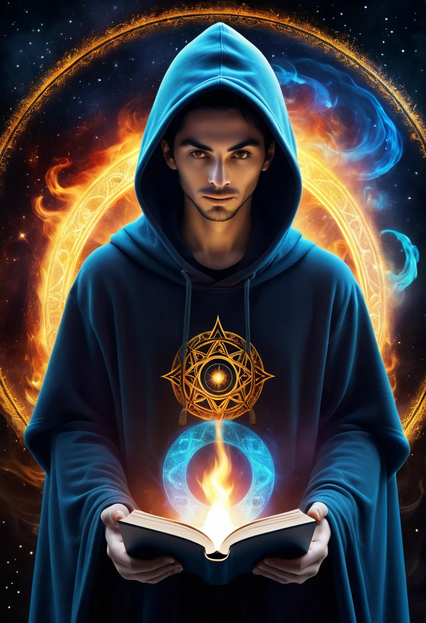 an astrologer, hoodie cloak, dark aura, opened magi book, ethereal, four element blended, hihg resolution art photographic, digitally manipulated image, super detailed, UHD, 8k, dramatic light, ambient, circle flame background