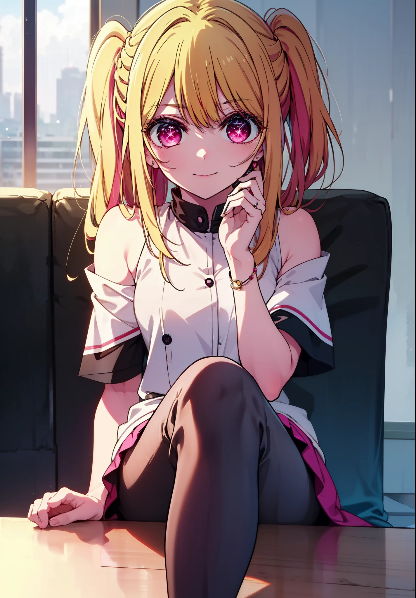 rubyhoshino, Hoshino Ruby, Long Hair, bangs, Blonde, (Pink Eyes:1.3), (Symbol-shaped pupil:1.5), Multicolored Hair, Two-tone hair, happy smile, smile, Close your mouth,
break, Cold Shoulder Shirt,Short sleeve,Long skirt,Black pantyhose,Stiletto heels,There is a computer on the table,sitting cross-legged on a chair,Are standing,interior,whole bodyがイラストに入るように,Daytime,Clear skies,
break indoors, office,
break looking at viewer, whole body,
break (masterpiece:1.2), Highest quality, High resolution, unity 8k wallpaper, (figure:0.8), (Beautiful attention to detail:1.6), Highly detailed face, Perfect lighting, Highly detailed CG, (Perfect hands, Perfect Anatomy),