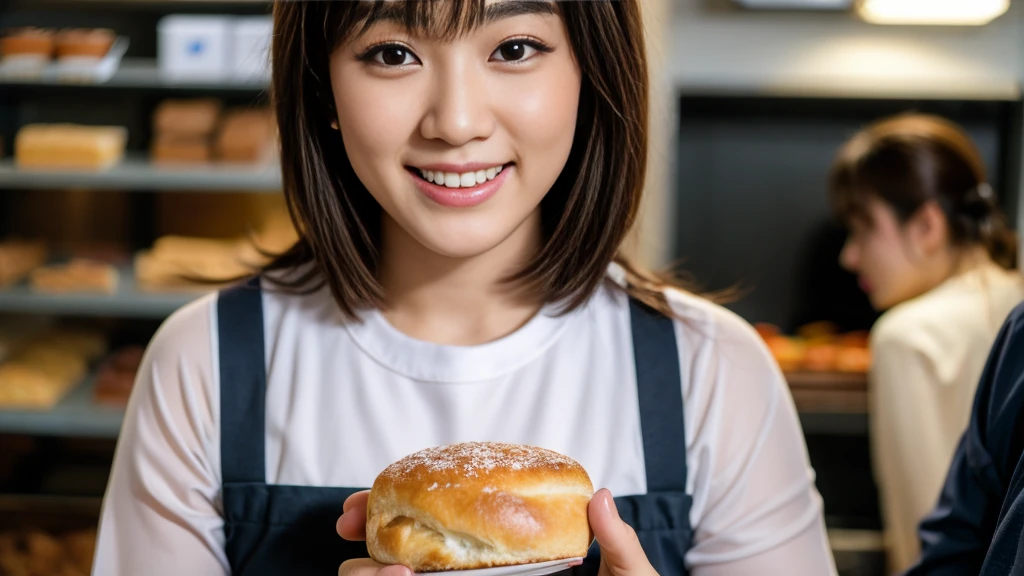 de la máxima calidad, obra maestra, Resolución ultraalta, (Realista:1.4), Fotos CRUDAS, Una chica, ídolos japoneses más populares, (En la panadería, Mirando alegremente los muchos pedazos de pan, En la panaderíaHave a good time), Señor.々Detalles de diferentes tipos de pan., Ropa ajustada, Una sonrisa muy linda como la del ídolo japonés más famoso., proporciones perfectas, Cara muy linda como la del ídolo japonés más famoso., ((Ojos negros grandes y muy bonitos.)), Pelo negro corto muy bonito., Panadería detallada