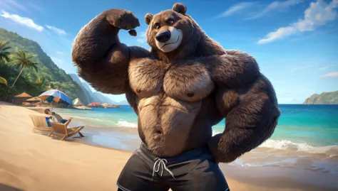 solo, 1boy, beach, size different, extremely huge muscular, massive muscular, baloo, jungle book, grizzly bear, full-body, well-...