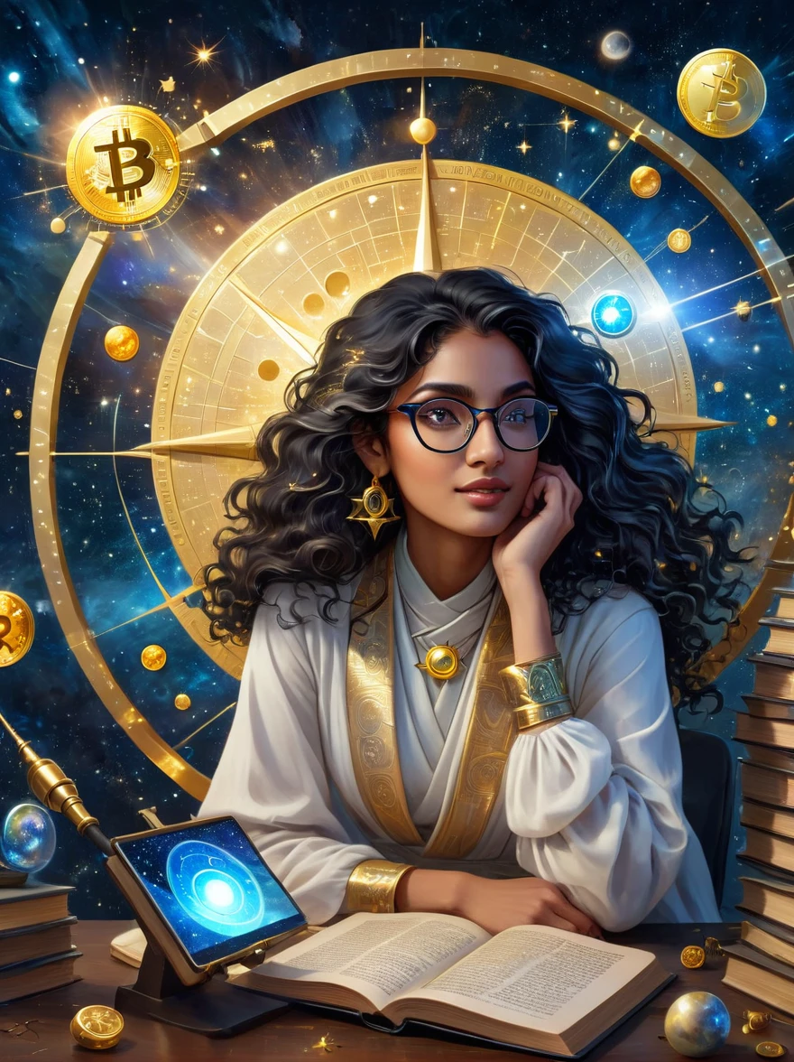 An astrologer from the future, peering into a golden astronomy tool against the backdrop of a starry sky. The astrologer, a South-Asian woman with long, curly, black hair and glasses, is gazing at a holographic representation of a cryptocurrency symbol floating and glowing. She's wearing a shimmering, futuristic outfit that resembles traditional stargazer attire. Her desk is cluttered with ancient astrology books contrasted with highly advanced tech gadgets. This image captures the fascinating clash of tradition and future.