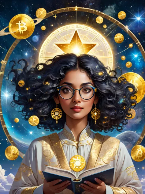 An astrologer from the future, peering into a golden astronomy tool against the backdrop of a starry sky. The astrologer, a Sout...