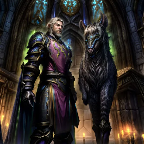 draego, a medieval knight in shining armor, standing in front of an altar in a large cathedral, dramatic backdrop, high contrast...